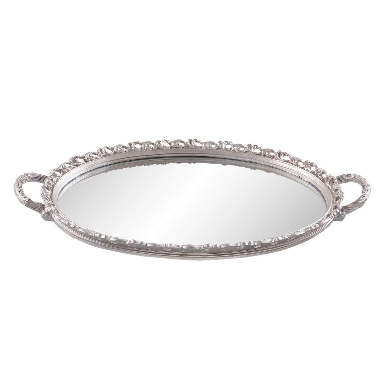 Stříbrný antik dekorační tác s uchy a se zrcadlem - 49*29*3 cm Clayre & Eef