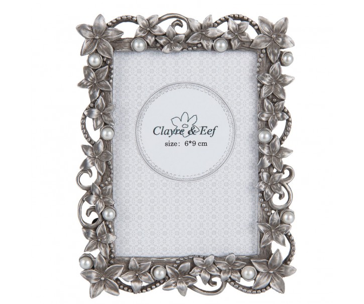 Fotorámeček stříbrný s kytičkami - 9*2*11 cm / 6*9 cm Clayre & Eef