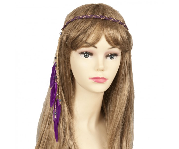 Čelenka do vlasů fialová s peříčky - 27 cm