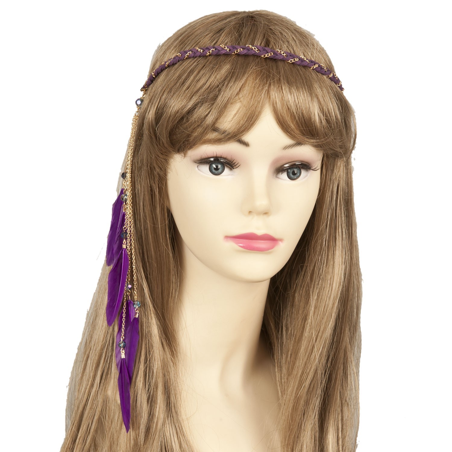 Čelenka do vlasů fialová s peříčky - 27 cm Clayre & Eef
