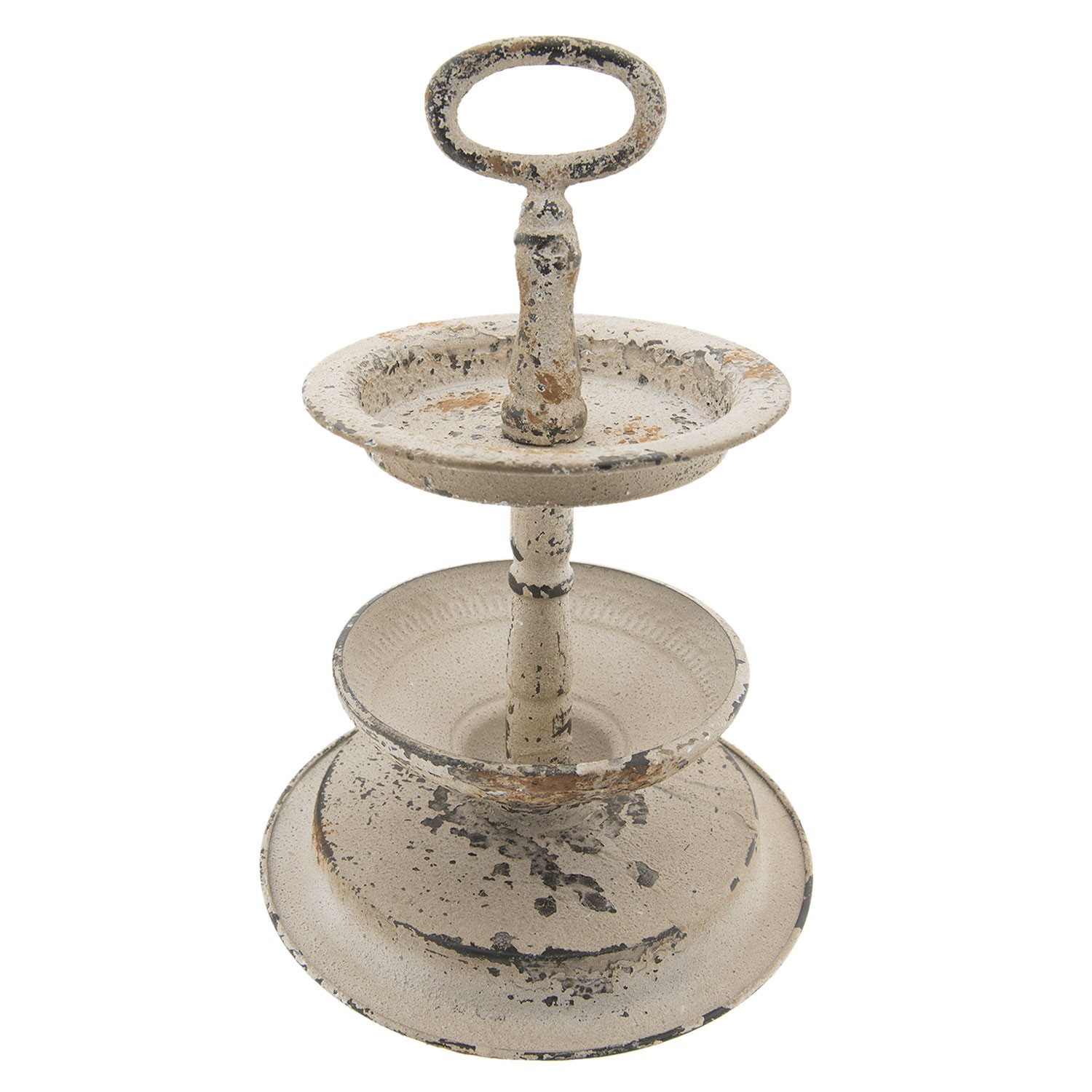 Krémový vintage kovový etažér s patinou - Ø 22*34 cm