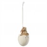 Závěsná velikonoční dekorace zajíček ve vajíčku - Ø 5*10 cm Materiál: skloBarva: bílá antik, hnědá Hmotnost: 0,104 kg Zajímává závěsná velikonoční dekorace v podobě zajíčka ve vajíčku. Krásný kousek na zavěšení na větvičku nebo polici.