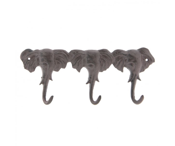 Hnědý nástěnný litinový věšák s háčky Elephants - 29*3*12 cm