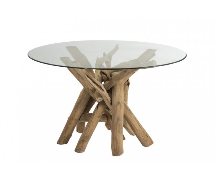 Kulatý dřevěný stůl se skleněnou deskou Branch - Ø128*75 cm