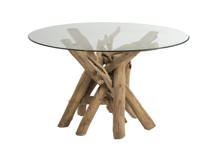 Jídelní kulatý dřevěný stůl se skleněnou deskou Branch - Ø128*75 cm J-Line by Jolipa