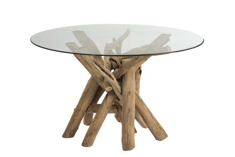 Kulatý dřevěný stůl se skleněnou deskou Branch - Ø128*75 cm