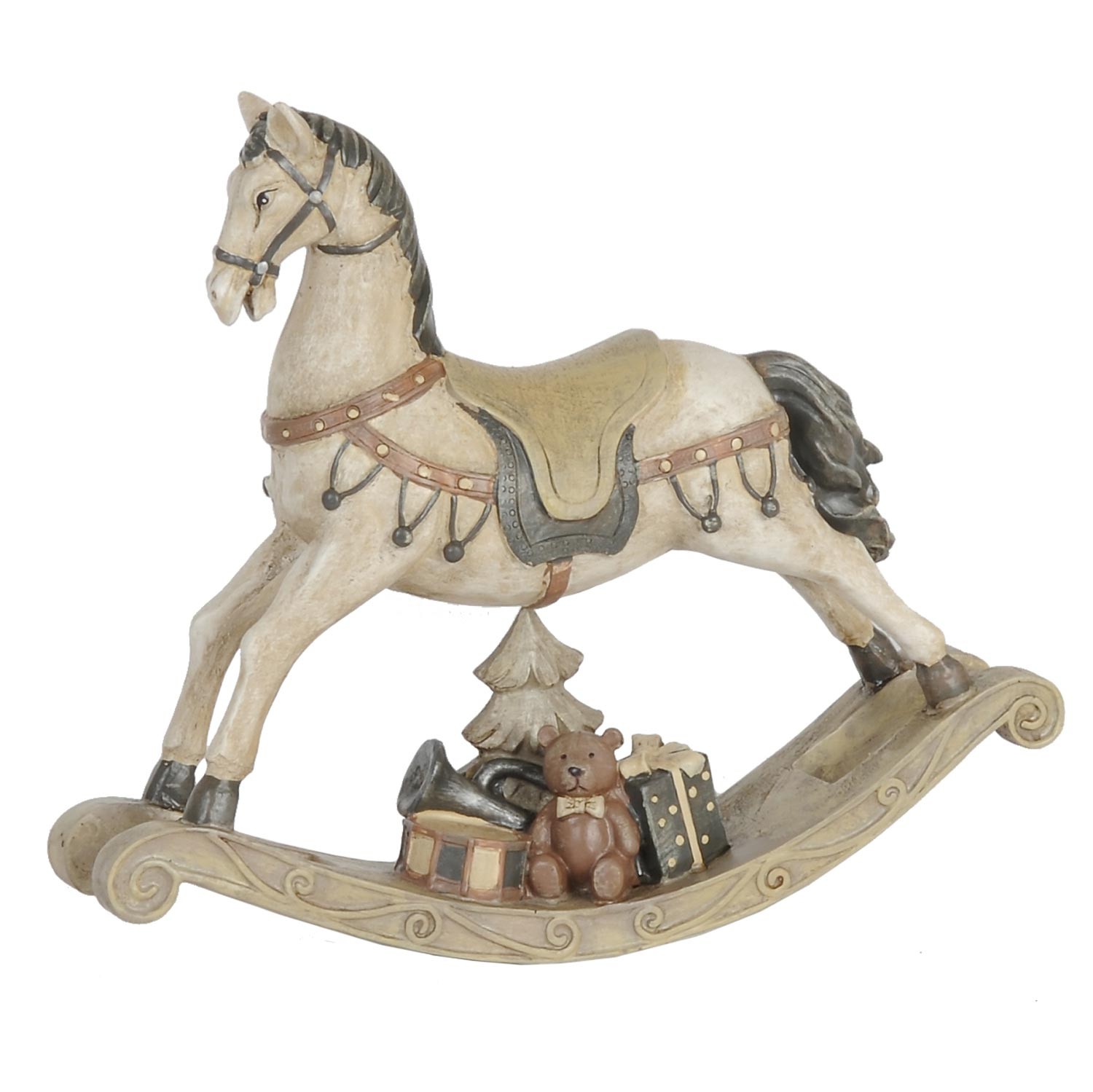 Bílo - šedá antik vánoční dekorace houpací koník - 21*5*18 cm