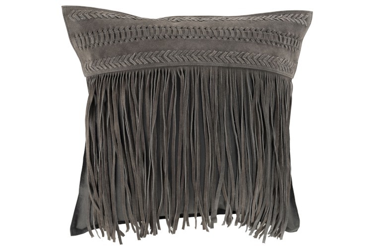 Šedý kožený polštář s výplní Tassels - 45*45*10cm