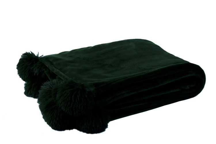 Černý plyšový pléd Pompom s bambulemi - 130*170cm
