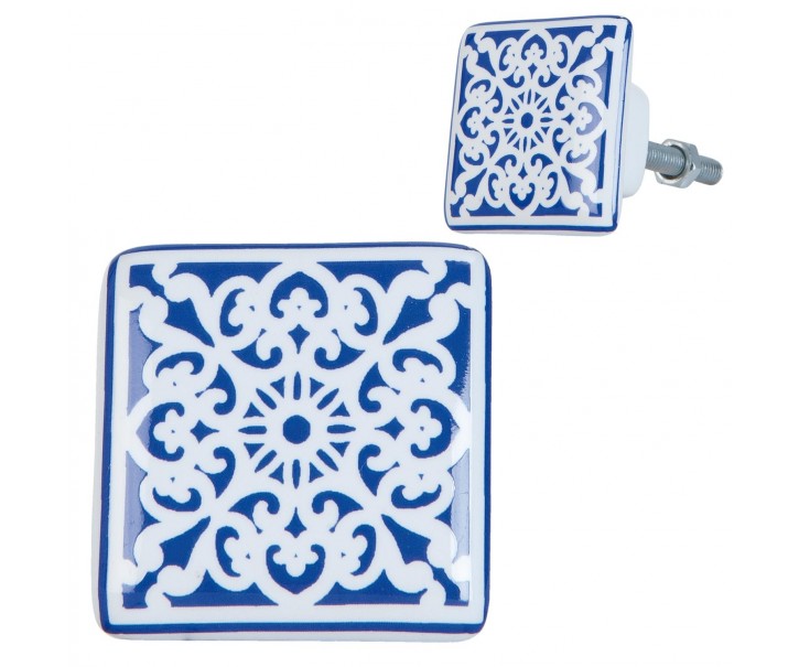 Keramická úchytka s modro-bílými ornamenty - 3*2*3 cm