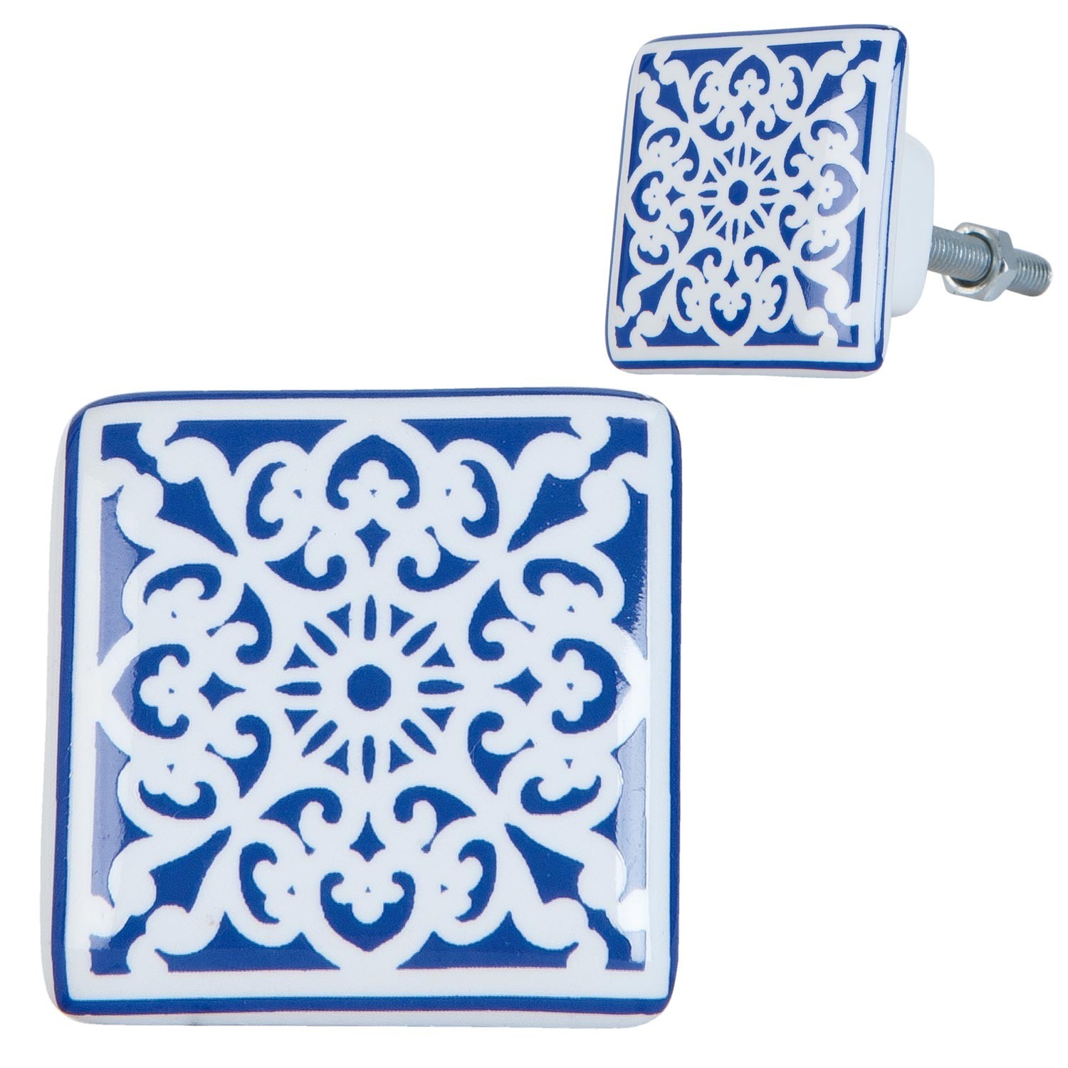 Keramická úchytka s modro-bílými ornamenty - 3*2*3 cm Clayre & Eef