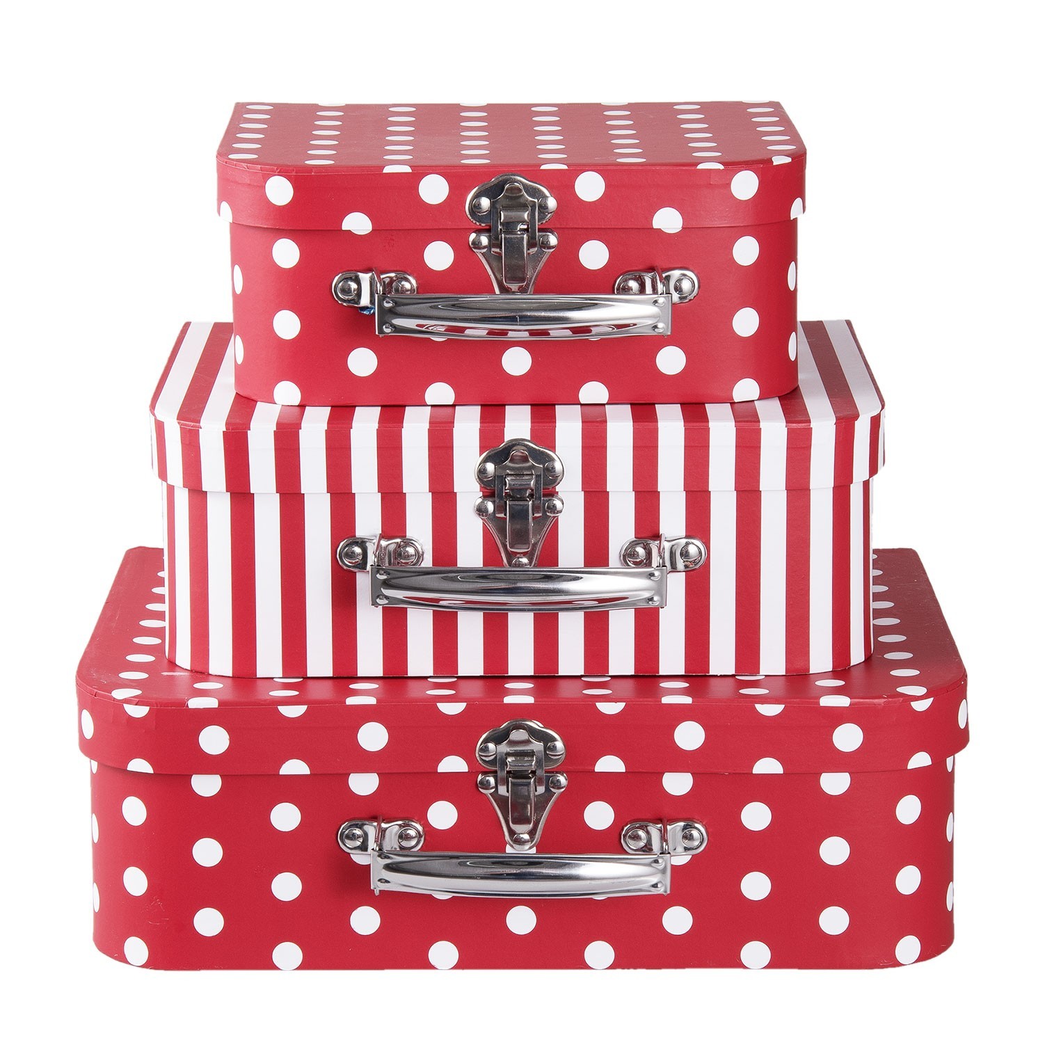 Clayre & Eef Červené papírové kufříky s puntíky 3ks - 30*22*9 cm /25*20*9 cm /20*17*8 cm