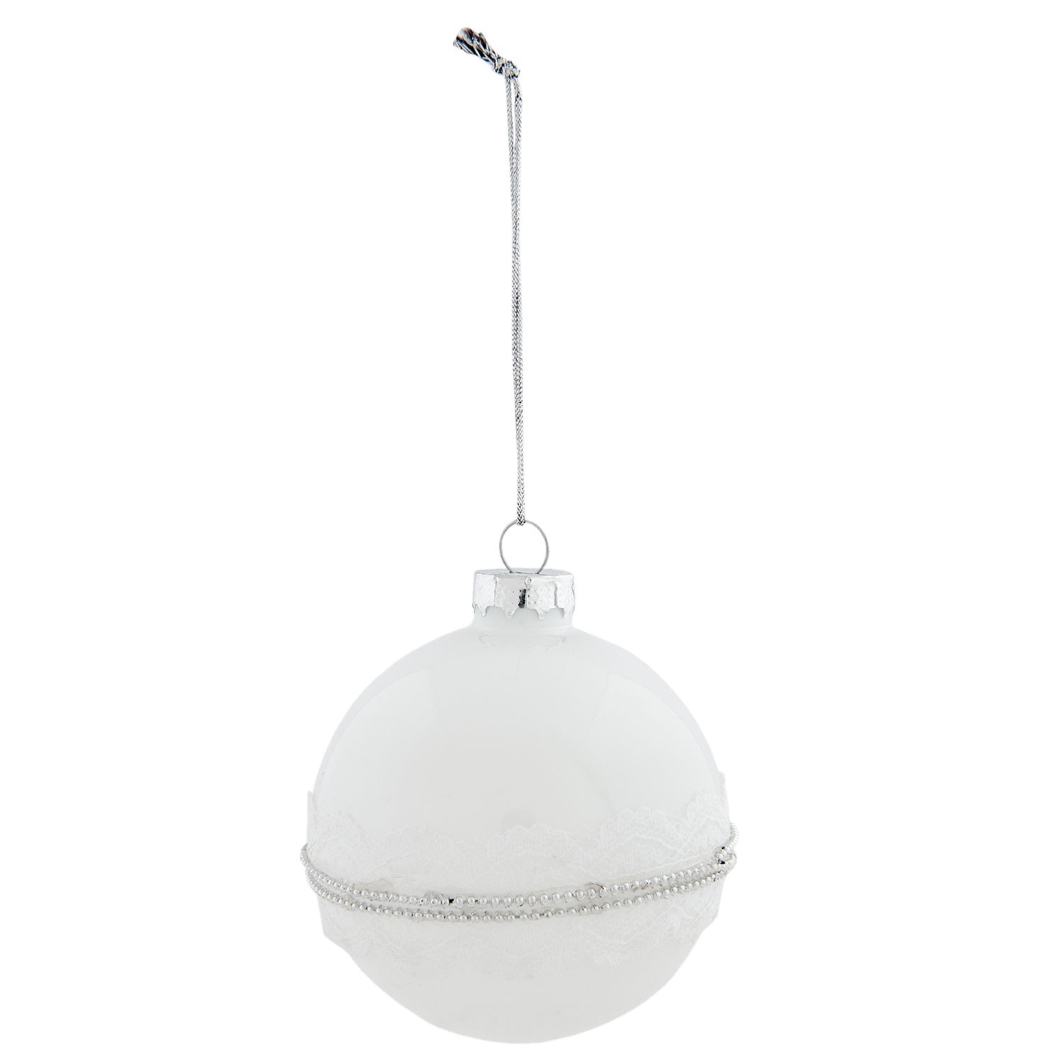 Skleněná vánoční koule s krajkou a perličkami – Ø 8 cm