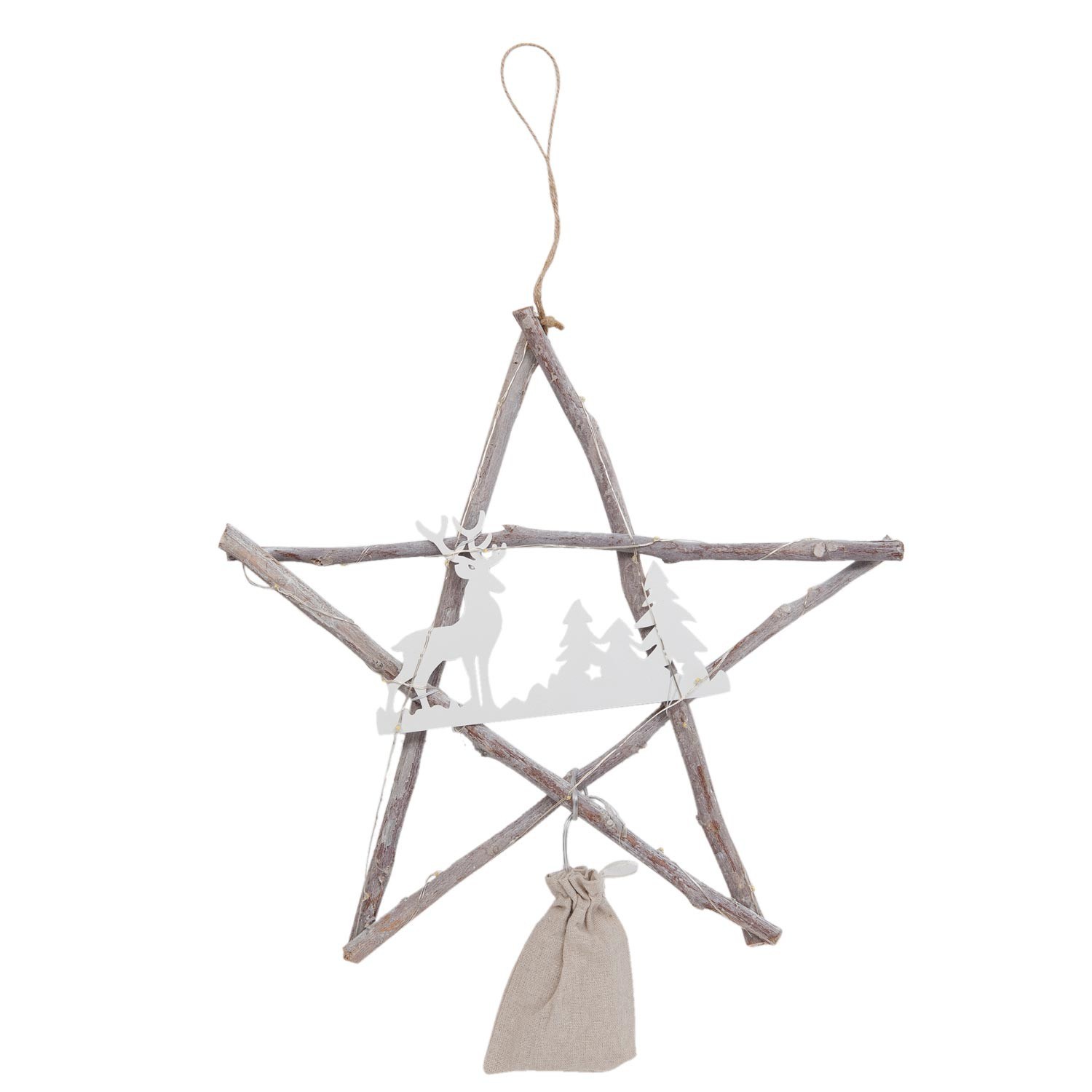 Závěsná vánoční dřevěná hvězda se světýlky - 39*3*38 cm 6RO0346