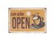 Hnědo žlutá kovová cedule WE ARE OPEN s úmyslným odřením a patinou .