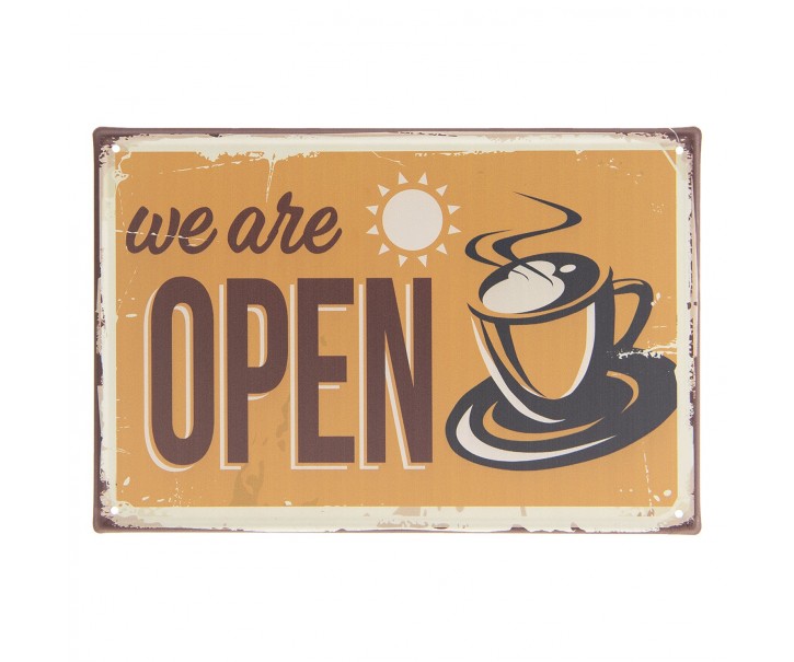 Hnědo žlutá kovová cedule WE ARE OPEN s úmyslným odřením a patinou .