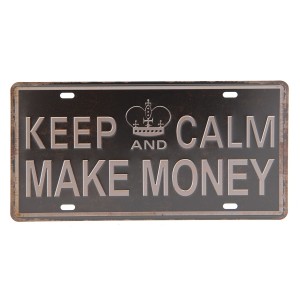 Hnědo černá kovová cedule MAKE MONEY s odřením a patinou.