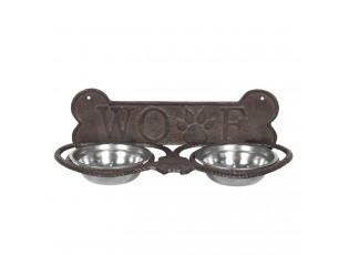 Misky pro psa ve stojanu s kostí a nápisem Woof - 39*18*12 cm