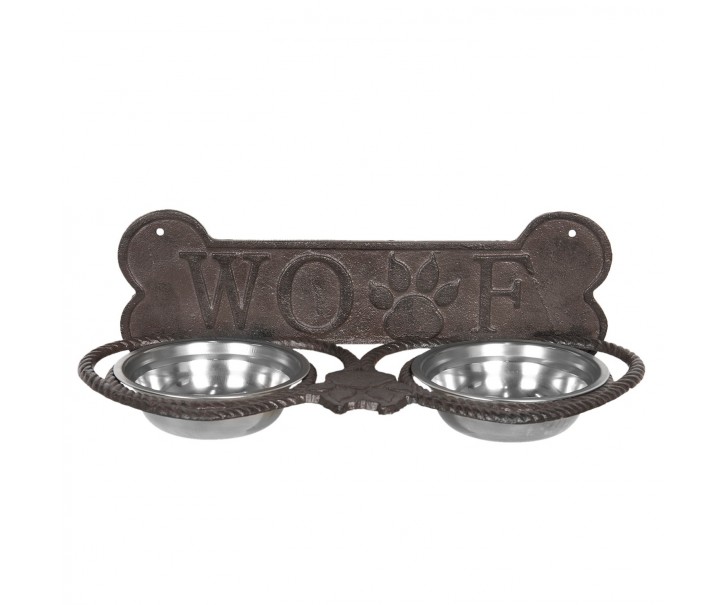 Misky pro psa ve stojanu s kostí a nápisem Woof - 39*18*12 cm
