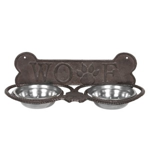 Misky pro psa ve stojanu s kostí a nápisem Woof - 39*18*12 cm