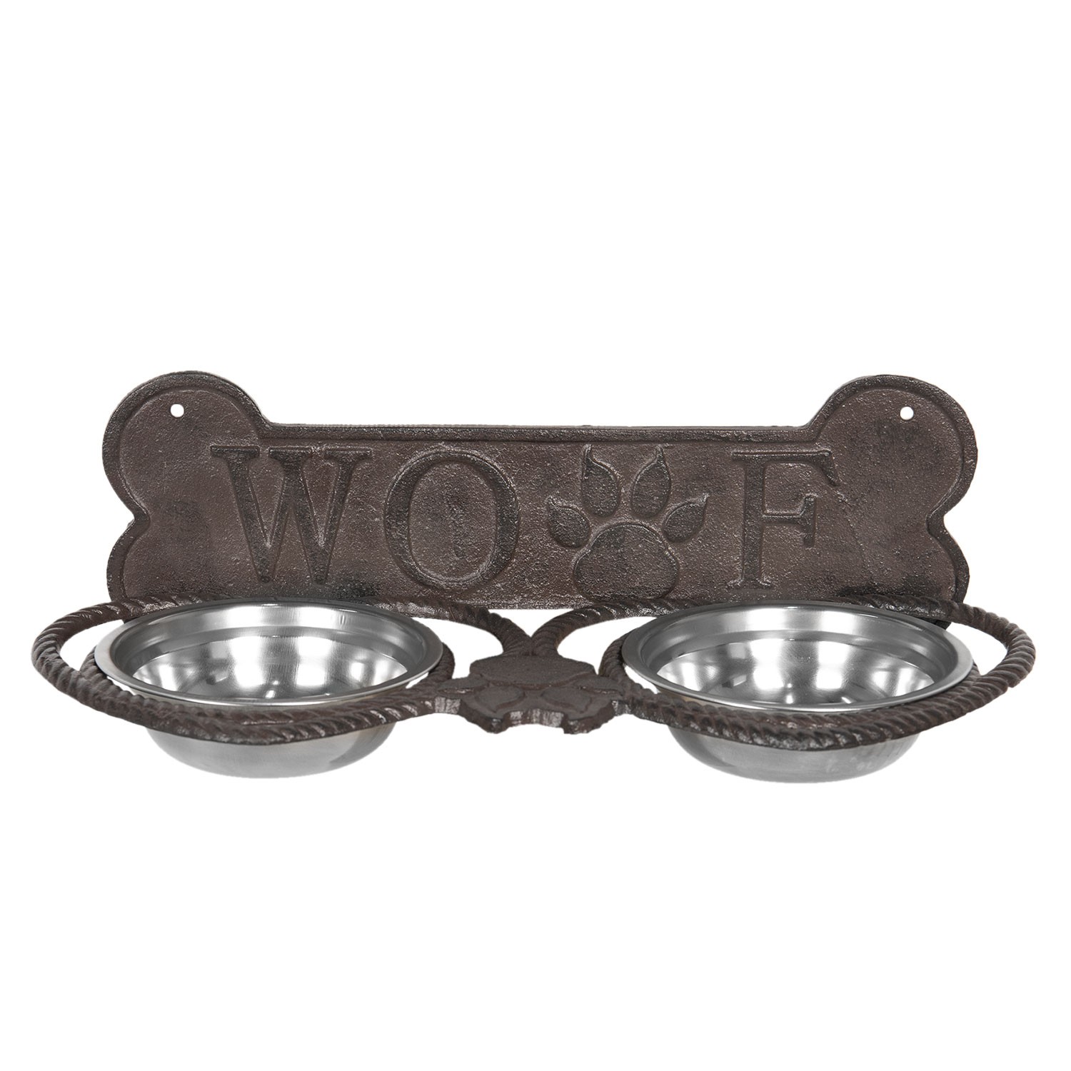 Misky pro psa ve stojanu s kostí a nápisem Woof - 39*18*12 cm