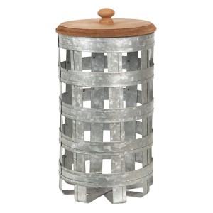 Plechový úložný box s dřevěným víkem - Ø 14*26 cm