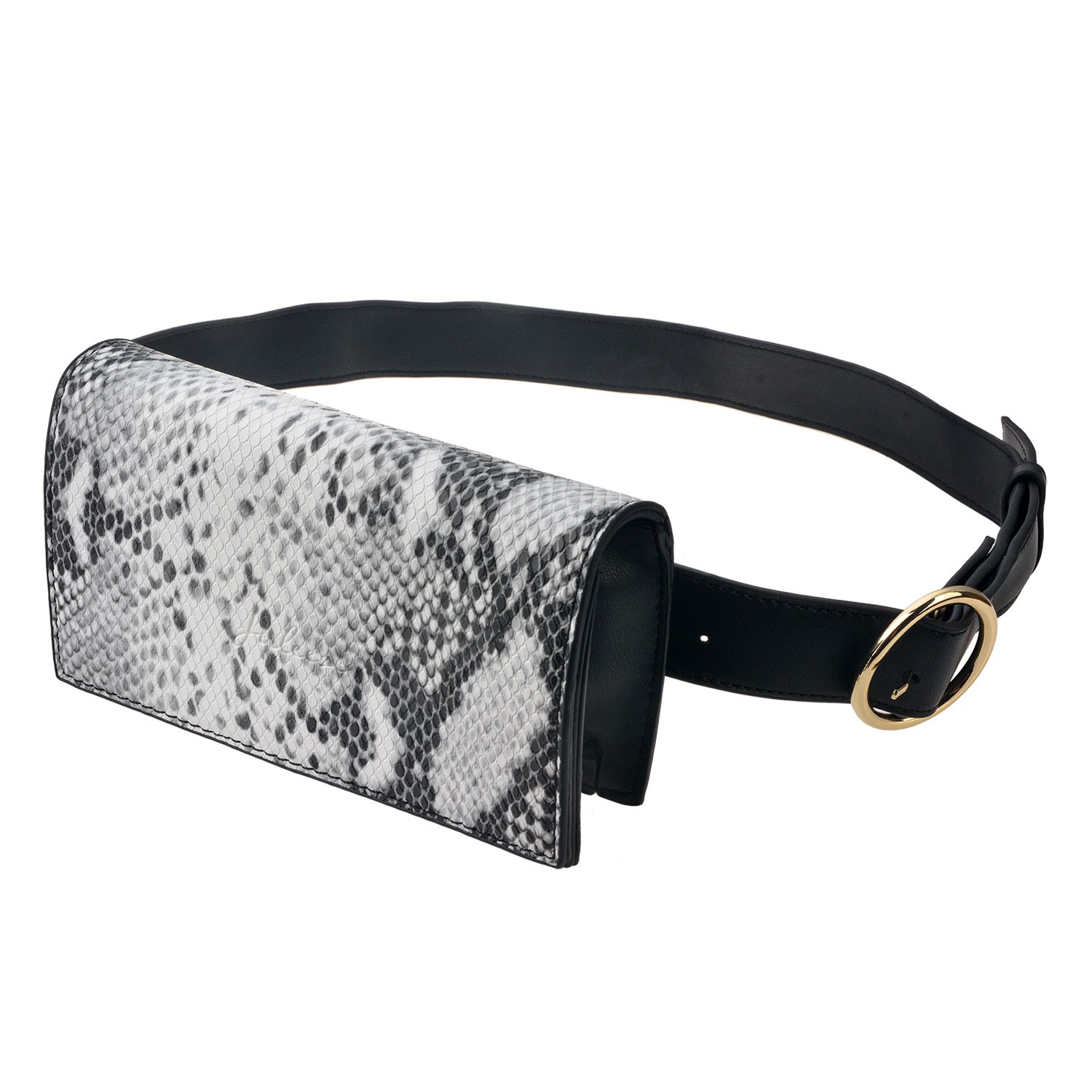 Bílo černá kabelka s imitací hadí kůže do pasu, černá kulatá kalebka přes rameno - 18*10*5 cm / 13 cm