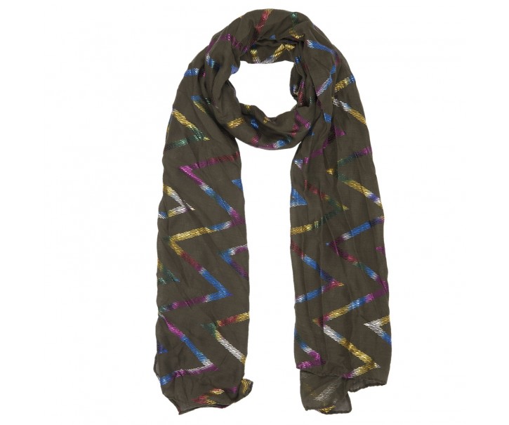  Khaki šátek s barevnými proužky - 70*180 cm
