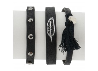 Černý koženkový náramek s pírkem a třásní - Ø 6-7 cm