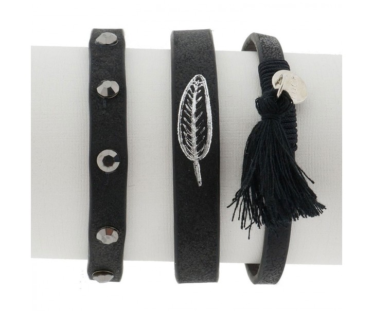 Černý koženkový náramek s pírkem a třásní - Ø 6-7 cm