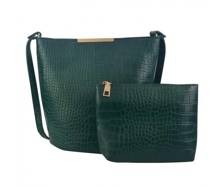 Tmavě zelená kabelka s imitací krokodýlí kůže se zlatou sponou - 24*25 cm