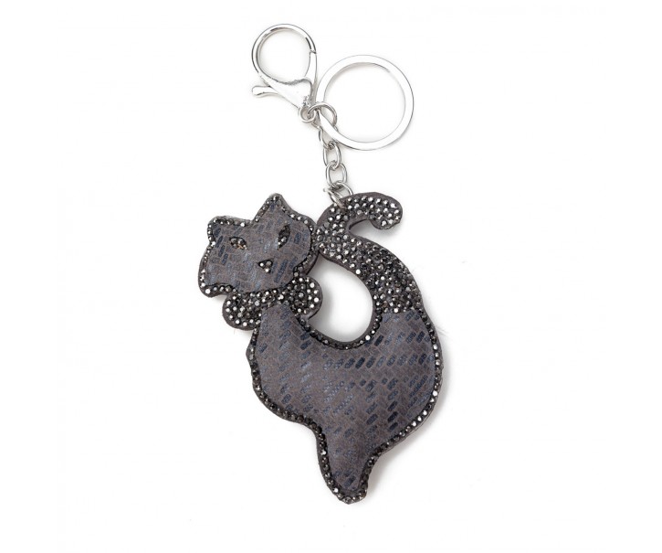 Šedý přívěšek na klíče kočka s kamínky - 5.5*7 cm