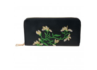 Černá sametová peněženka s vyšívanou květinou - 16*10 cm