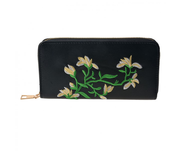 Černá sametová peněženka s vyšívanou květinou - 16*10 cm