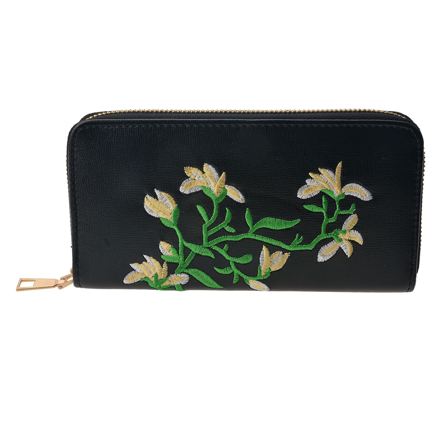 Černá sametová peněženka s vyšívanou květinou - 16*10 cm Clayre & Eef