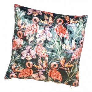Zelený sametový polštář s plameňáky - 35*35cm