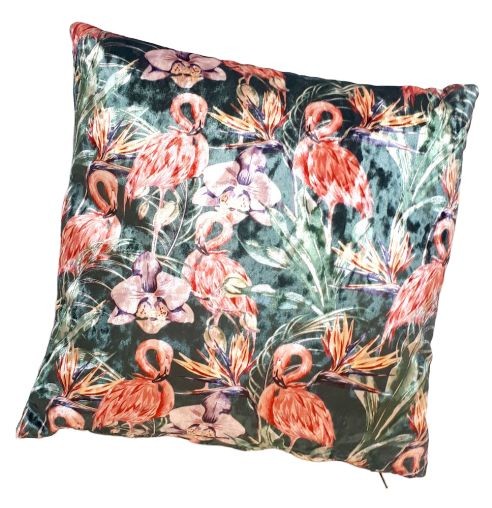 Zelený sametový polštář s plameňáky - 35*35cm