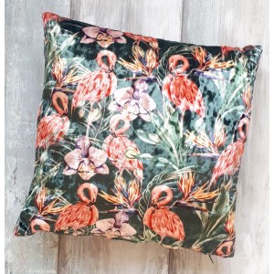 Zelený sametový polštář s plameňáky - 35*35cm