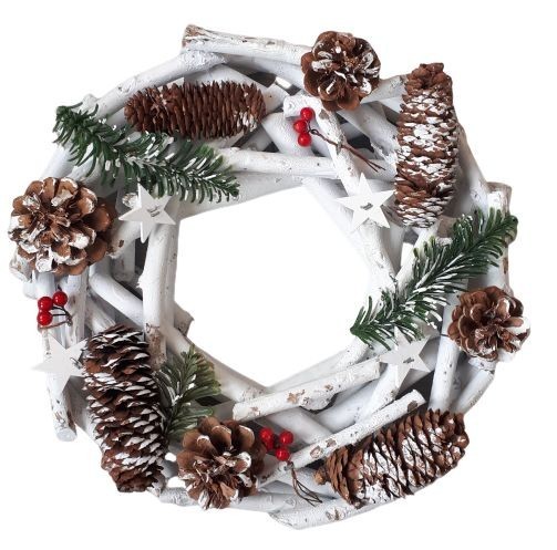 Bílý dřevěný vánoční věnec se šiškami - Ø 30*8 cm LC5193-11-12