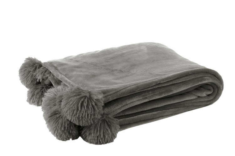 Šedý plyšový pléd Pompom s bambulemi - 130*170cm