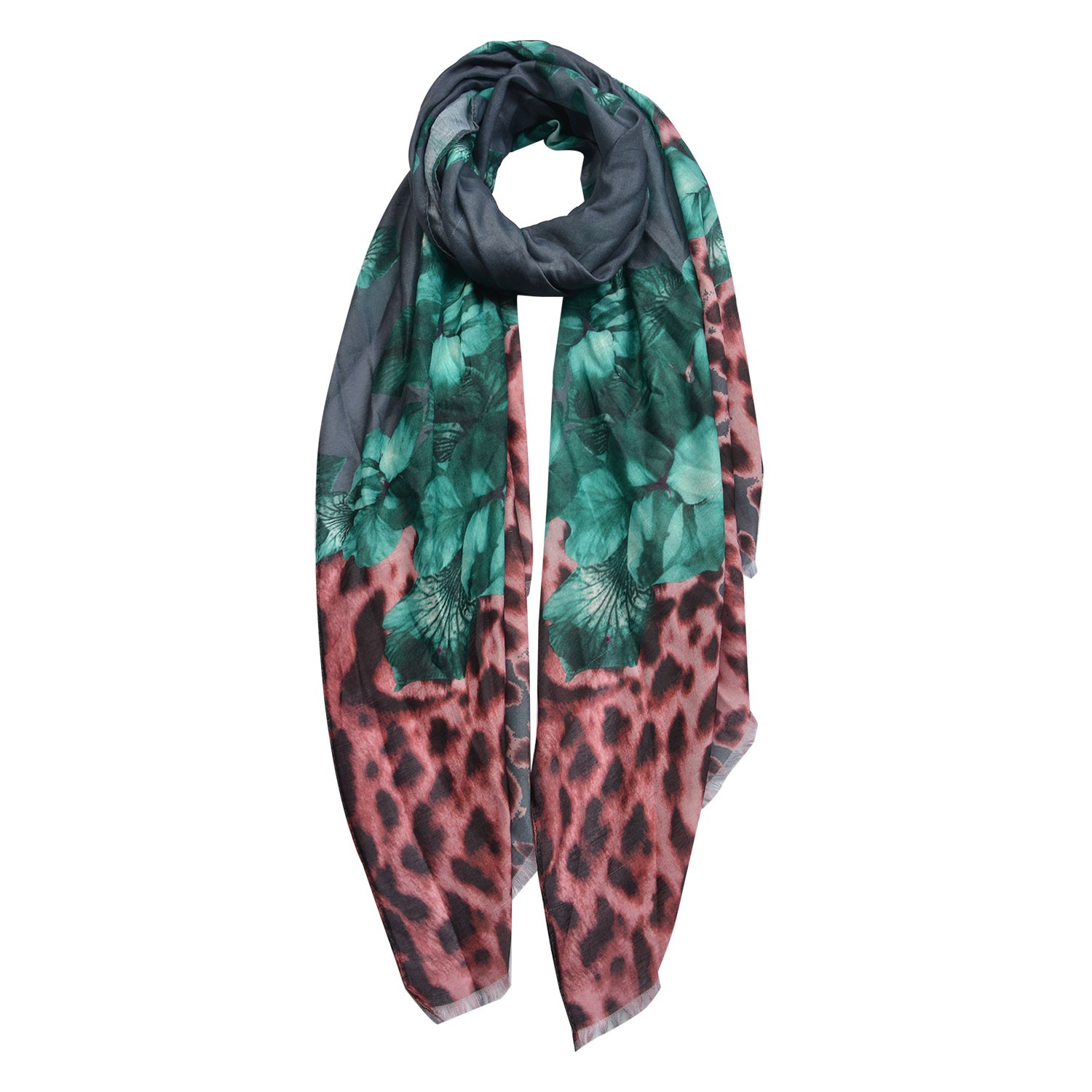 Zeleno červený šátek s květy - 70*180 cm Clayre & Eef