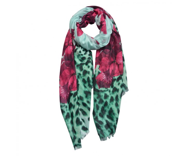 Červeno zelený šátek s květy - 70*180 cm