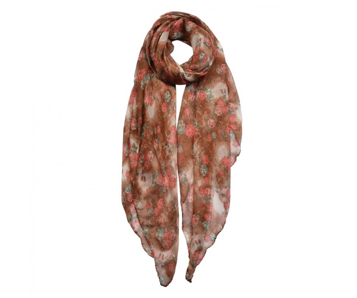 Hnědo béžový šátek s růžemi - 80*180 cm