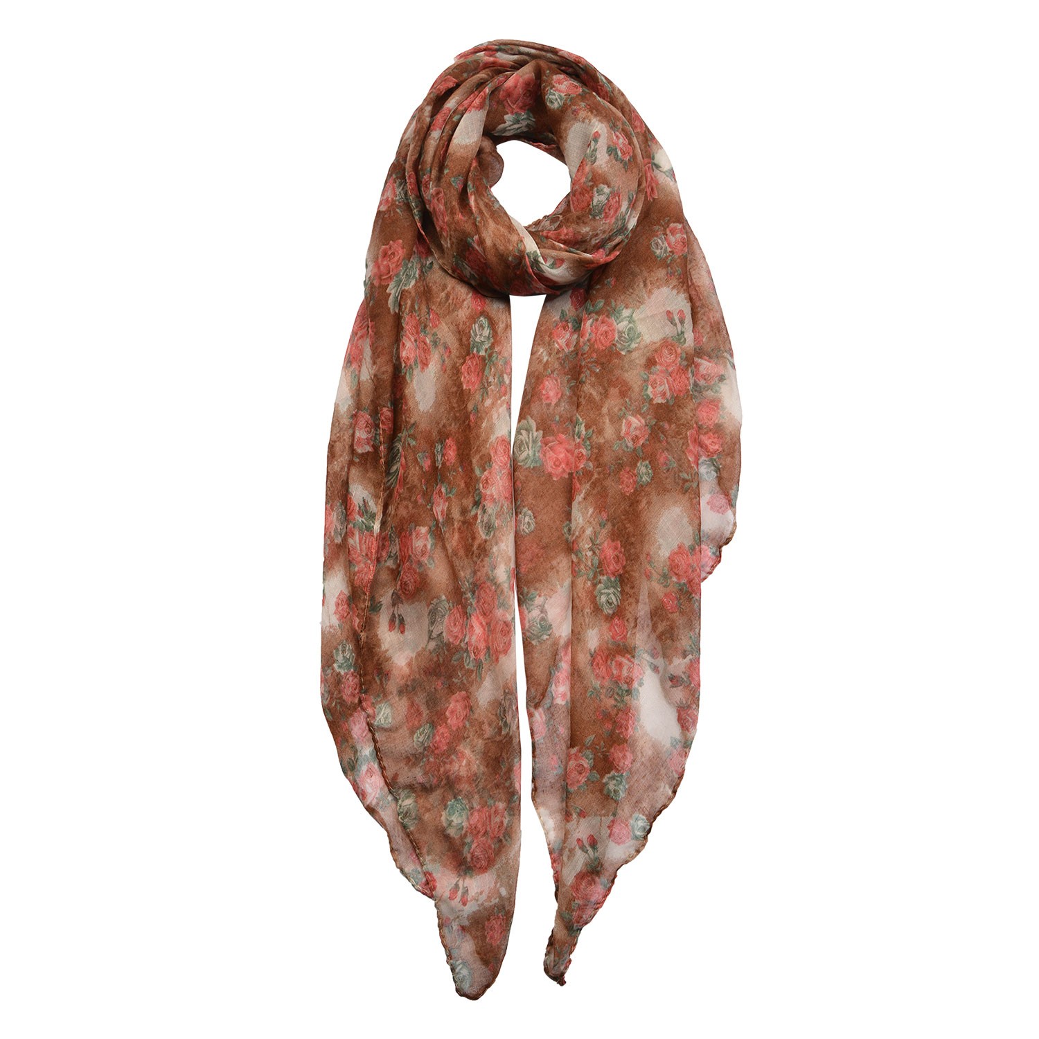 Hnědo béžový šátek s růžemi - 80*180 cm Clayre & Eef