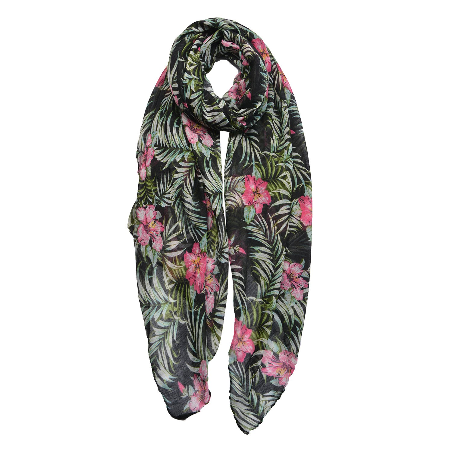 Černý šátek s červenými květy a zelenými listy - 80*180 cm Clayre & Eef