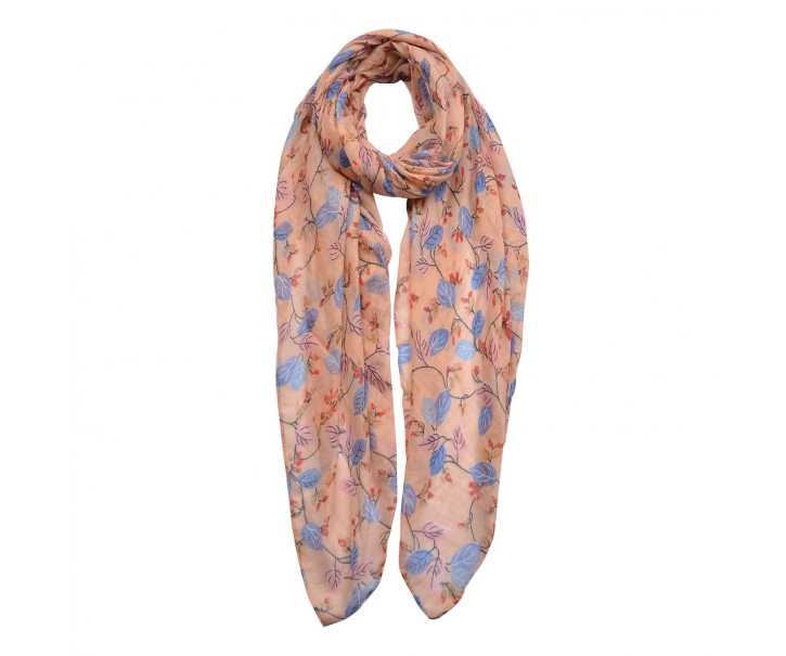 Světle růžovo oranžový šátek s modrými lístky a květy - 80*180 cm