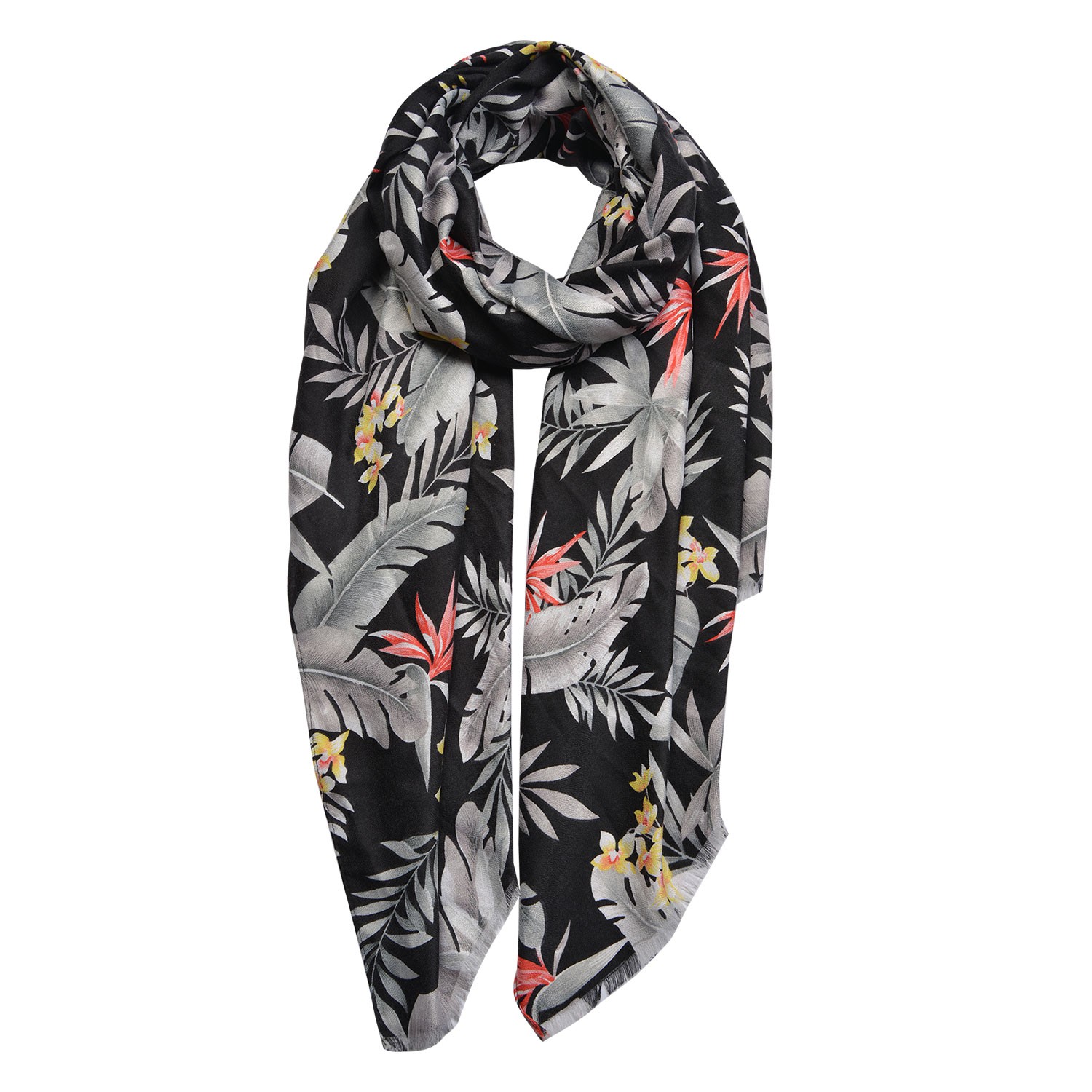 Černý šátek s barevnými květy a listy - 80*180 cm Clayre & Eef