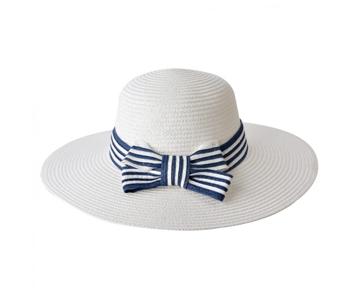 Bílý klobouk s modro bílou mašlí - Ø 58 cm