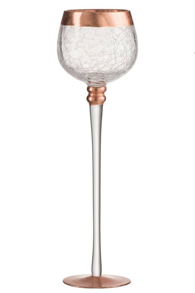 Skleněný svícen na noze s popraskáním Copper - Ø 9*30cm