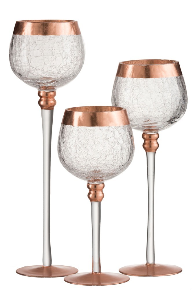 Skleněný svícen na noze s popraskáním Copper - Ø 9*30cm